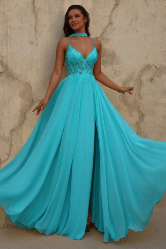 Yellow V-Neck Sleeveless Lace A-Line Chiffon Split Front Floor Length Formal Evening Gown