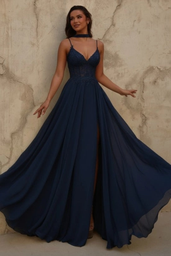 Yellow V-Neck Sleeveless Lace A-Line Chiffon Split Front Floor Length Formal Evening Gown