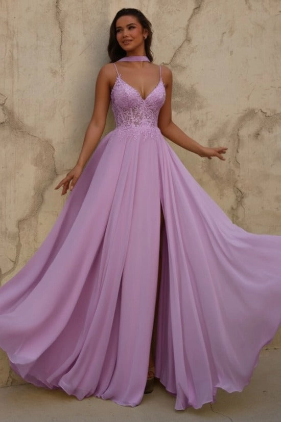 Yellow V-Neck Sleeveless Lace A-Line Chiffon Split Front Floor Length Formal Evening Gown