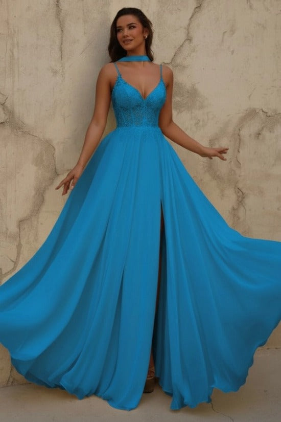 Yellow V-Neck Sleeveless Lace A-Line Chiffon Split Front Floor Length Formal Evening Gown