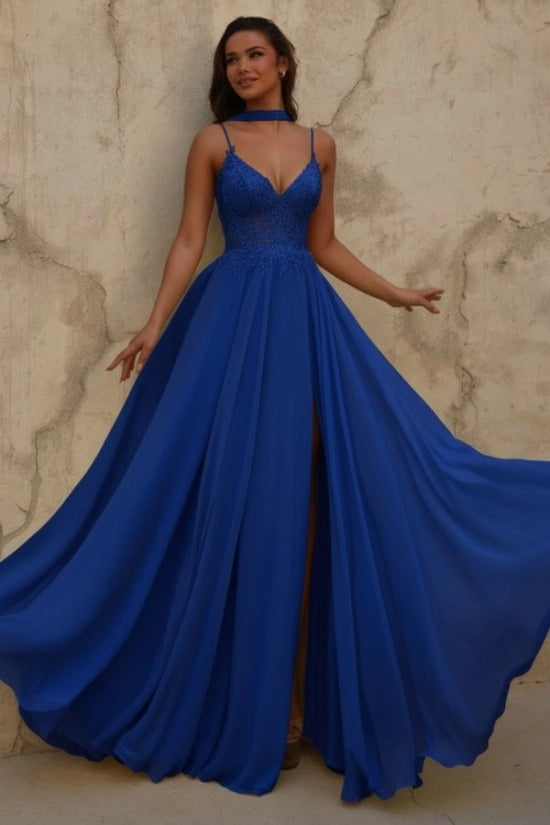 Yellow V-Neck Sleeveless Lace A-Line Chiffon Split Front Floor Length Formal Evening Gown