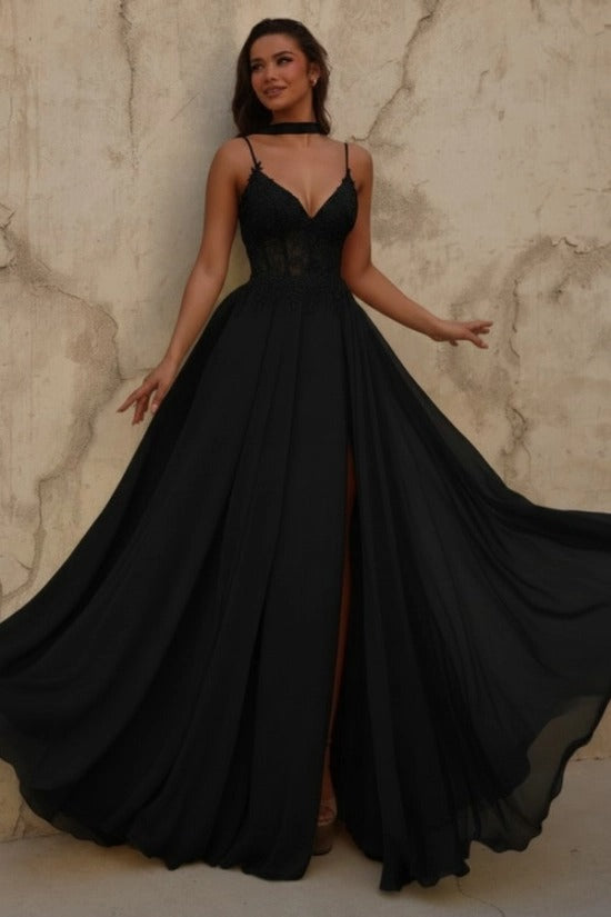 Yellow V-Neck Sleeveless Lace A-Line Chiffon Split Front Floor Length Formal Evening Gown