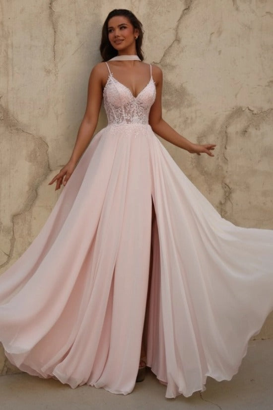 Yellow V-Neck Sleeveless Lace A-Line Chiffon Split Front Floor Length Formal Evening Gown
