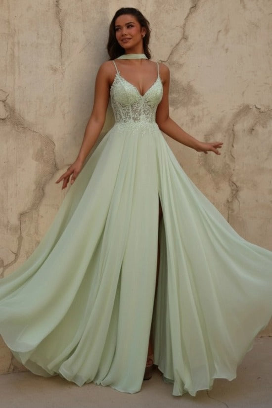 Yellow V-Neck Sleeveless Lace A-Line Chiffon Split Front Floor Length Formal Evening Gown