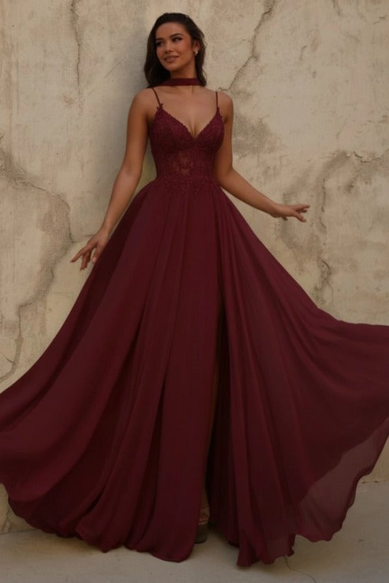 Yellow V-Neck Sleeveless Lace A-Line Chiffon Split Front Floor Length Formal Evening Gown