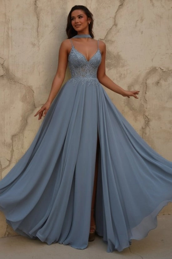 Yellow V-Neck Sleeveless Lace A-Line Chiffon Split Front Floor Length Formal Evening Gown