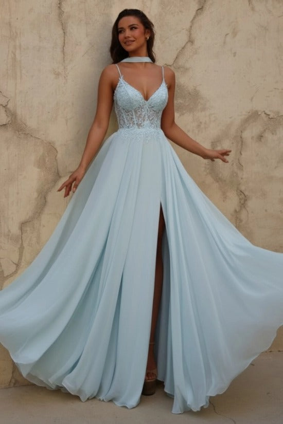 Yellow V-Neck Sleeveless Lace A-Line Chiffon Split Front Floor Length Formal Evening Gown