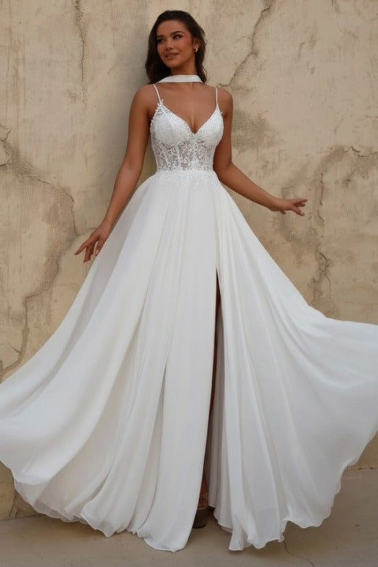 Yellow V-Neck Sleeveless Lace A-Line Chiffon Split Front Floor Length Formal Evening Gown
