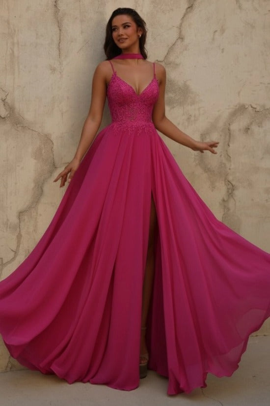 Yellow V-Neck Sleeveless Lace A-Line Chiffon Split Front Floor Length Formal Evening Gown