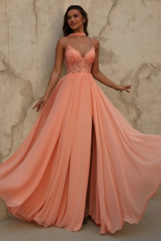 Yellow V-Neck Sleeveless Lace A-Line Chiffon Split Front Floor Length Formal Evening Gown