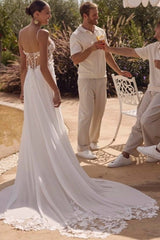 Spaghetti Strap Deep V Illusion 3D Floral Leaf Lace Corset Lace-Up Back Chiffon A-Line Wedding Dress