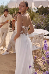 Spaghetti Strap Deep V Illusion 3D Floral Leaf Lace Corset Lace-Up Back Chiffon A-Line Wedding Dress