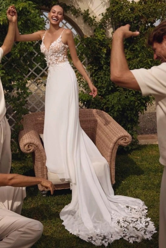 Spaghetti Strap Deep V Illusion 3D Floral Leaf Lace Corset Lace-Up Back Chiffon A-Line Wedding Dress