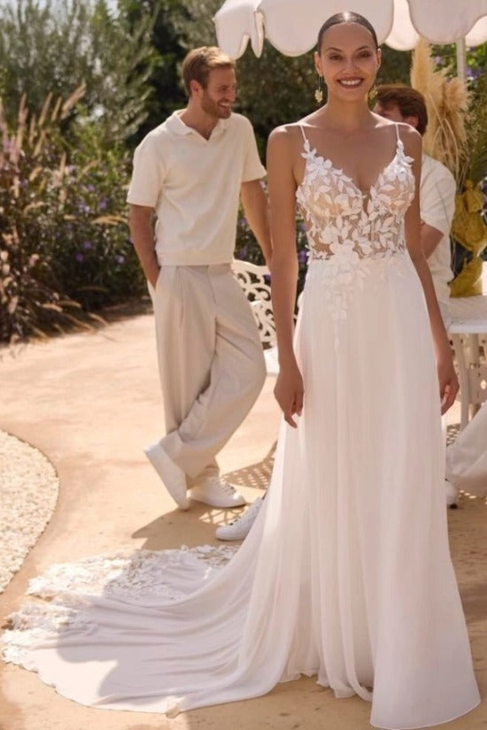 Spaghetti Strap Deep V Illusion 3D Floral Leaf Lace Corset Lace-Up Back Chiffon A-Line Wedding Dress