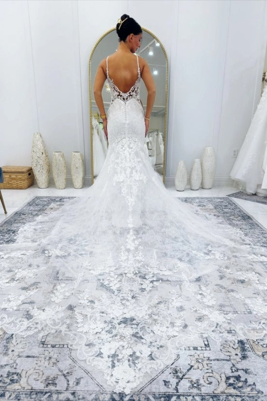 Spaghetti Strap Deep V Illusion Lace Bodice All-Over 3D Floral Vine Lace Appliqué Open V Low Back Button Back Mermaid Wedding Dress Cathedral Train