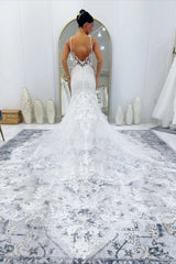 Spaghetti Strap Deep V Illusion Lace Bodice All-Over 3D Floral Vine Lace Appliqué Open V Low Back Button Back Mermaid Wedding Dress Cathedral Train