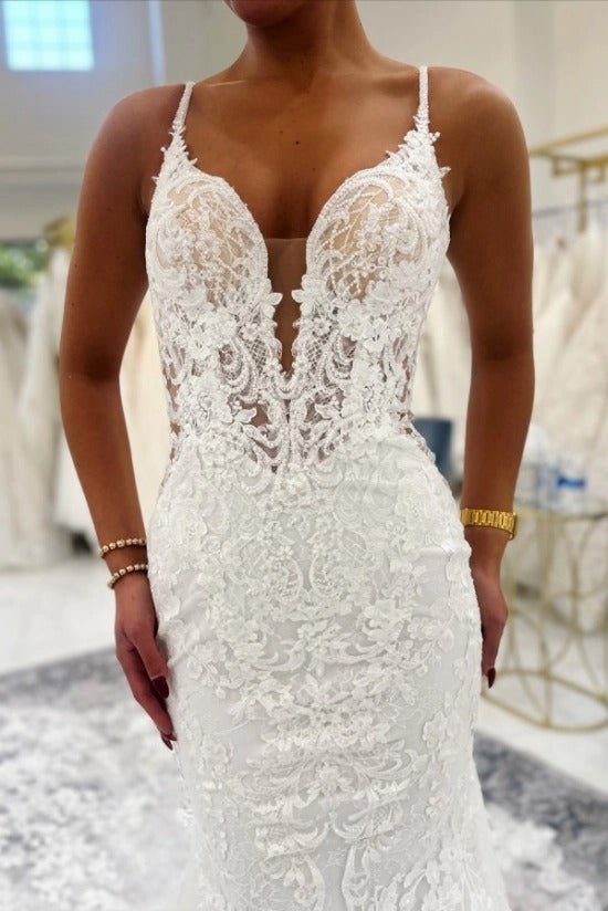 Spaghetti Strap Deep V Illusion Lace Bodice All-Over 3D Floral Vine Lace Appliqué Open V Low Back Button Back Mermaid Wedding Dress Cathedral Train