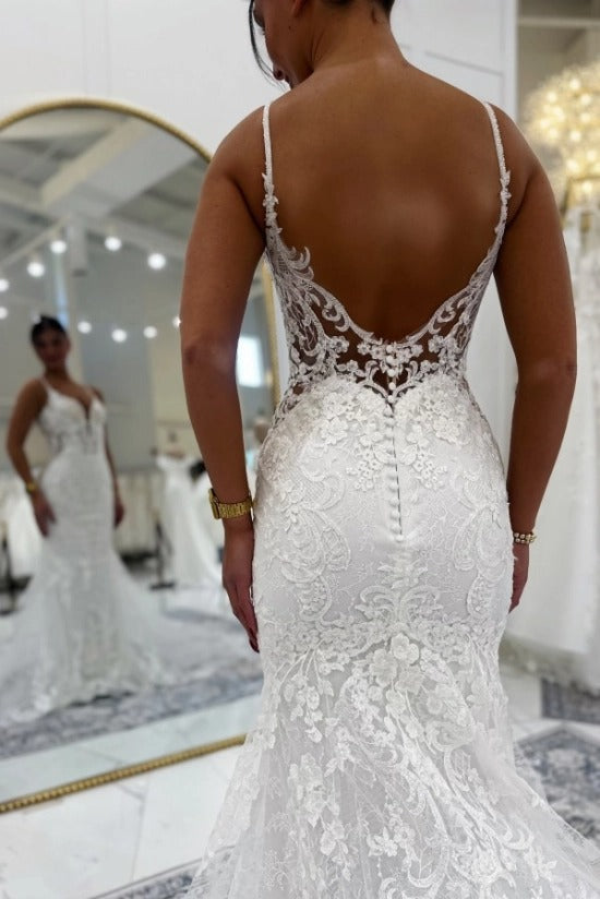Spaghetti Strap Deep V Illusion Lace Bodice All-Over 3D Floral Vine Lace Appliqué Open V Low Back Button Back Mermaid Wedding Dress Cathedral Train