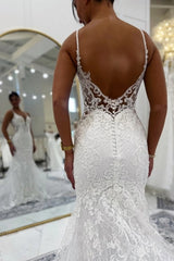 Spaghetti Strap Deep V Illusion Lace Bodice All-Over 3D Floral Vine Lace Appliqué Open V Low Back Button Back Mermaid Wedding Dress Cathedral Train