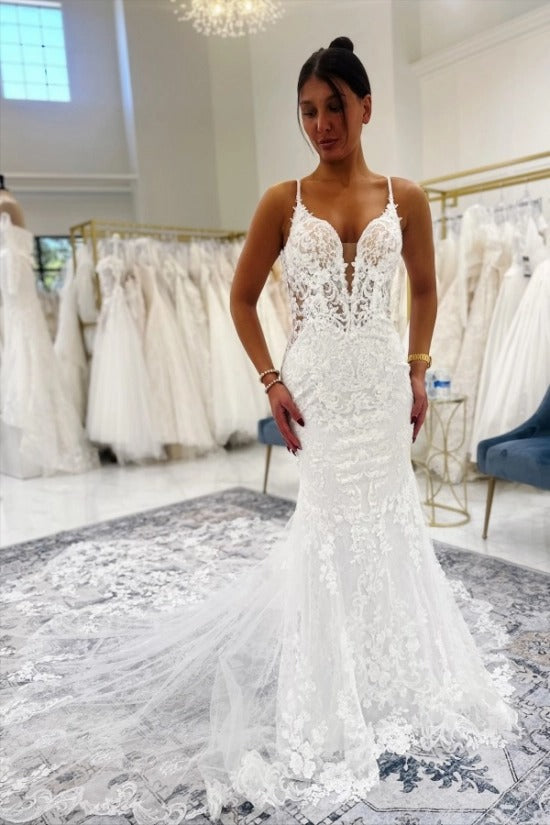 Spaghetti Strap Deep V Illusion Lace Bodice All-Over 3D Floral Vine Lace Appliqué Open V Low Back Button Back Mermaid Wedding Dress Cathedral Train