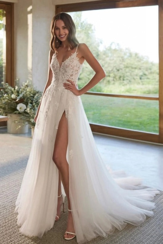 Spaghetti Strap Deep V-Neck 3D Floral Applique Sheer Corset Tulle A-Line High Split Wedding Dress Cathedral Train