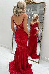 Spaghetti Strap Deep V-Neck Sequin Floral Lace Illusion Low Back Heart Cut-Out Mermaid Prom Dress Sweep Train Floor Length