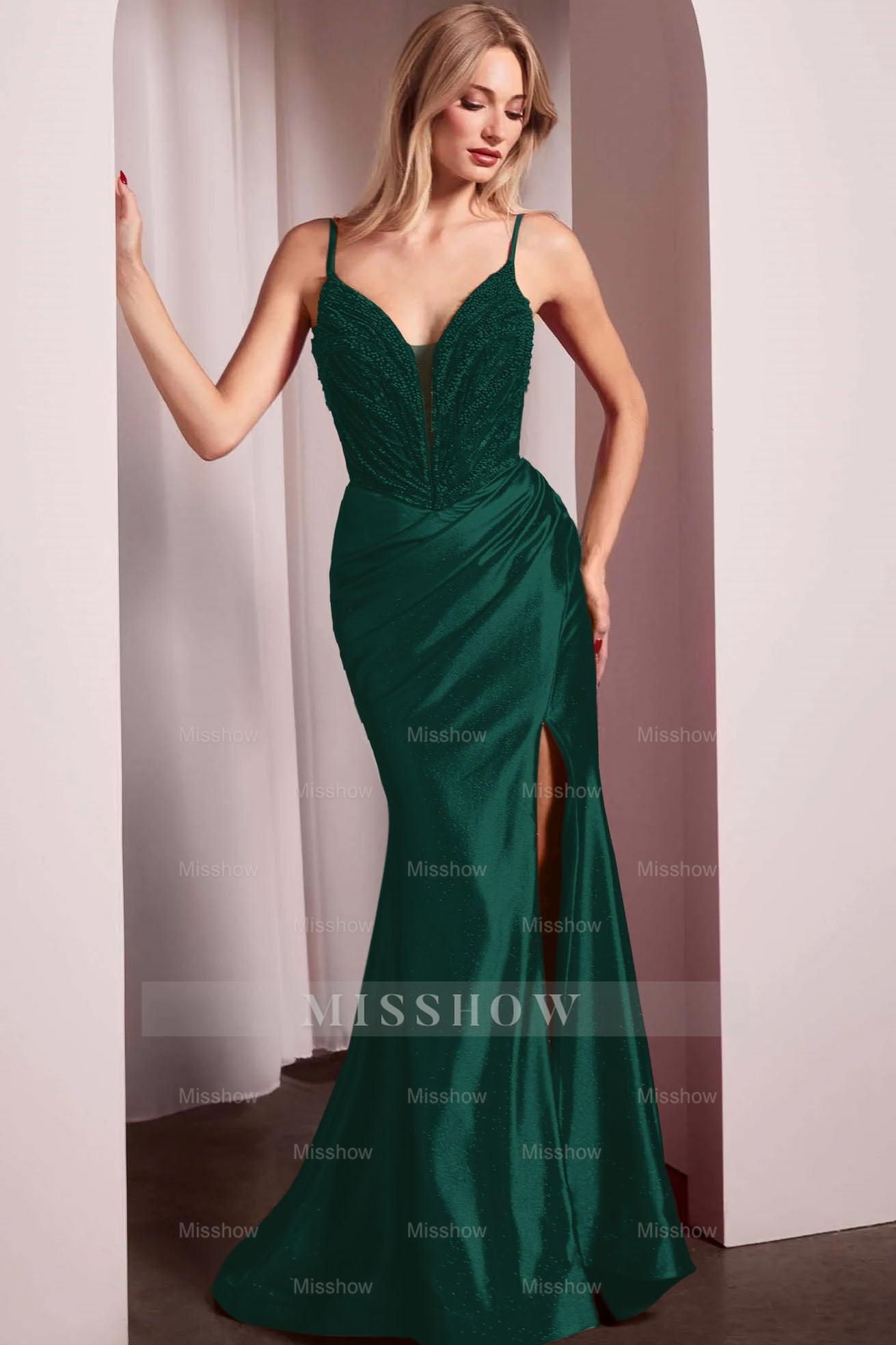 Spaghetti Strap Long Mermaid Formal Dress With Split Beading Pleated