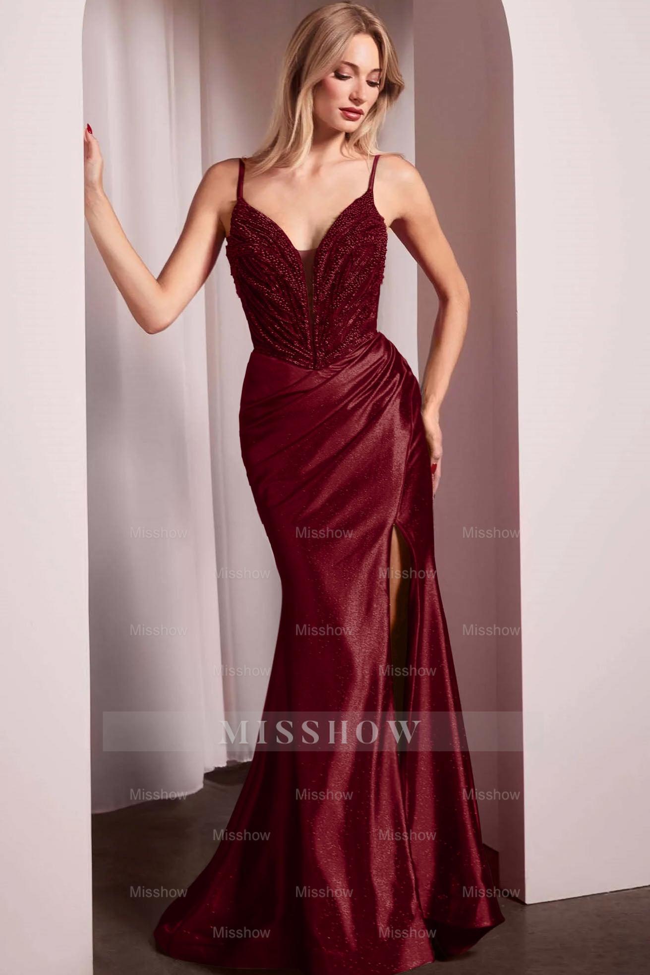 Spaghetti Strap Long Mermaid Formal Dress With Split Beading Pleated