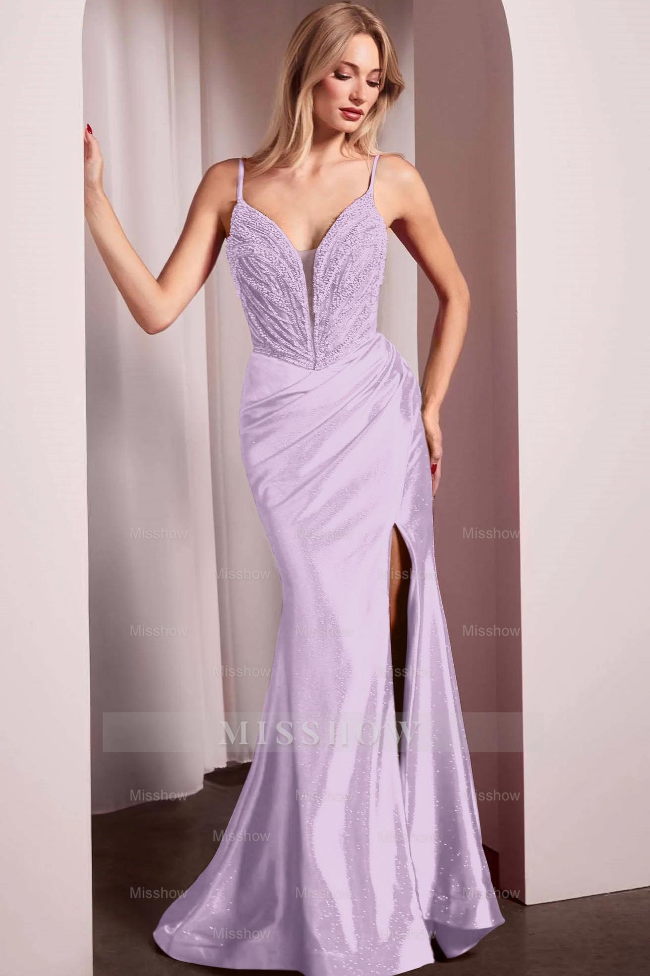 Spaghetti Strap Long Mermaid Formal Dress With Split Beading Pleated