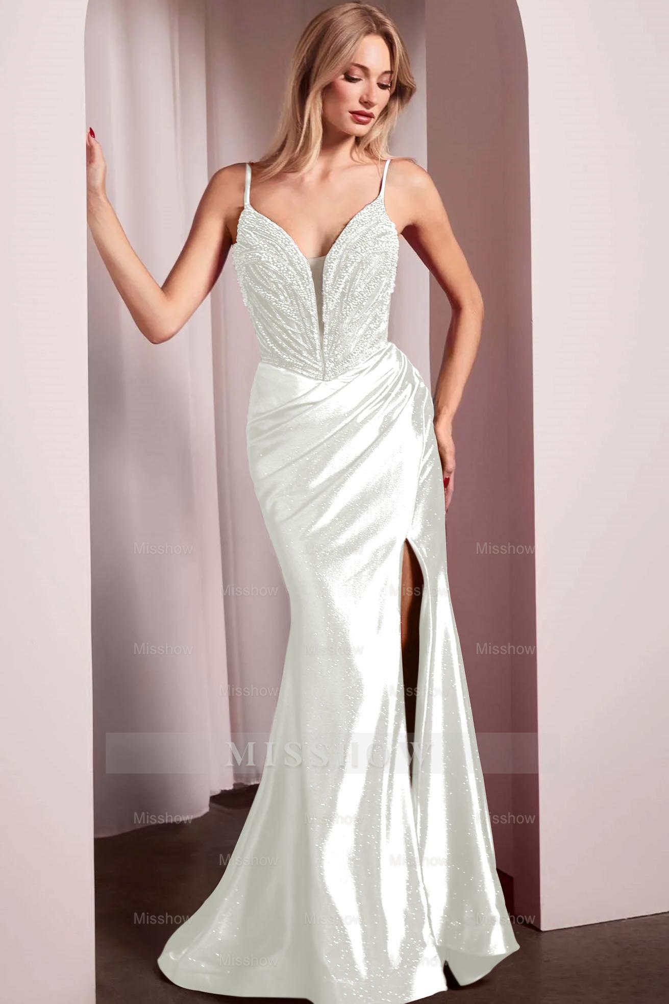 Spaghetti Strap Long Mermaid Formal Dress With Split Beading Pleated
