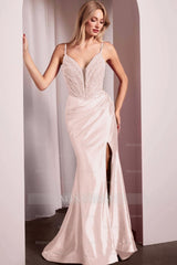Spaghetti Strap Long Mermaid Formal Dress With Split Beading Pleated