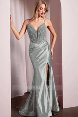 Spaghetti Strap Long Mermaid Formal Dress With Split Beading Pleated