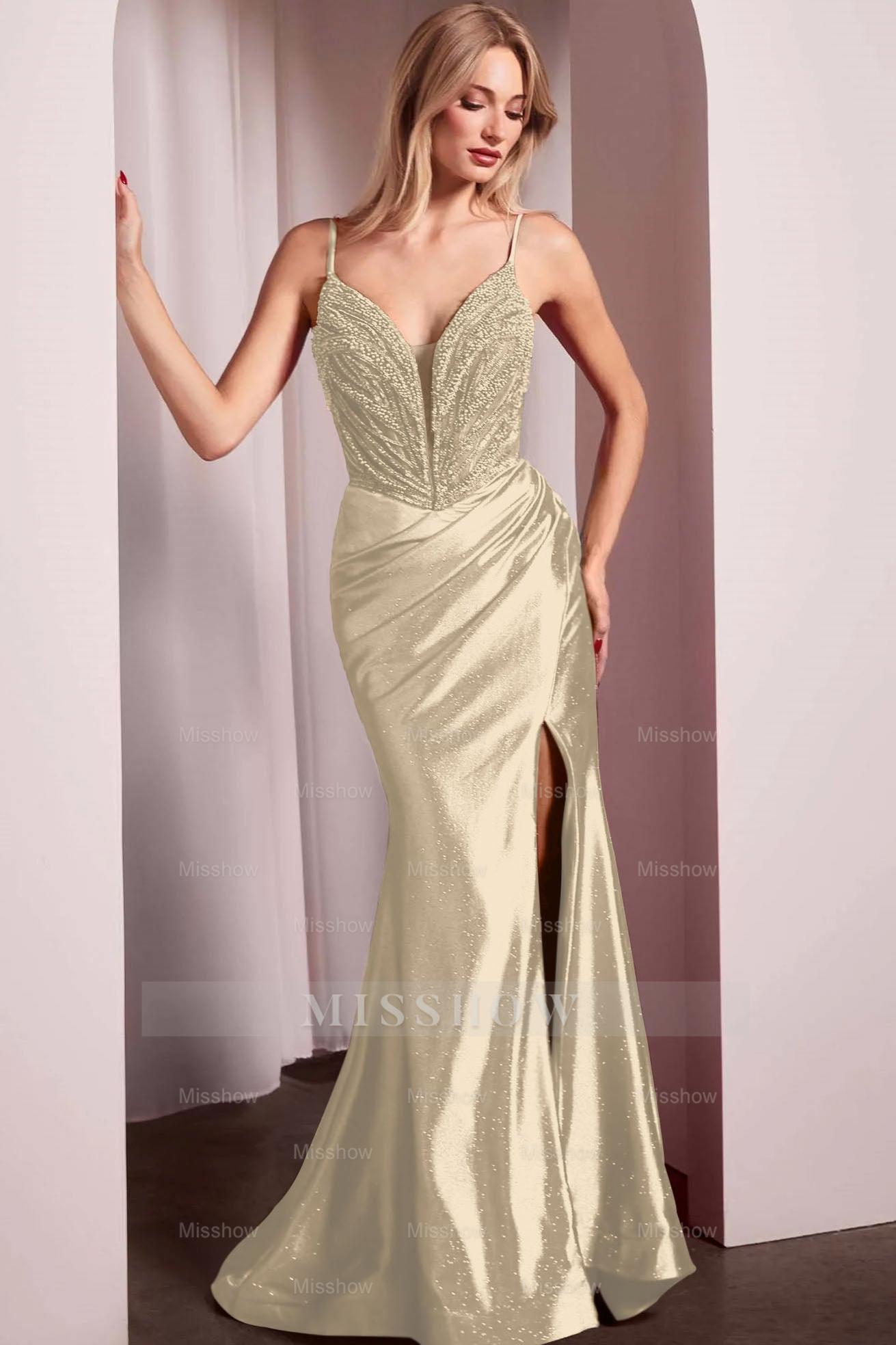 Spaghetti Strap Long Mermaid Formal Dress With Split Beading Pleated