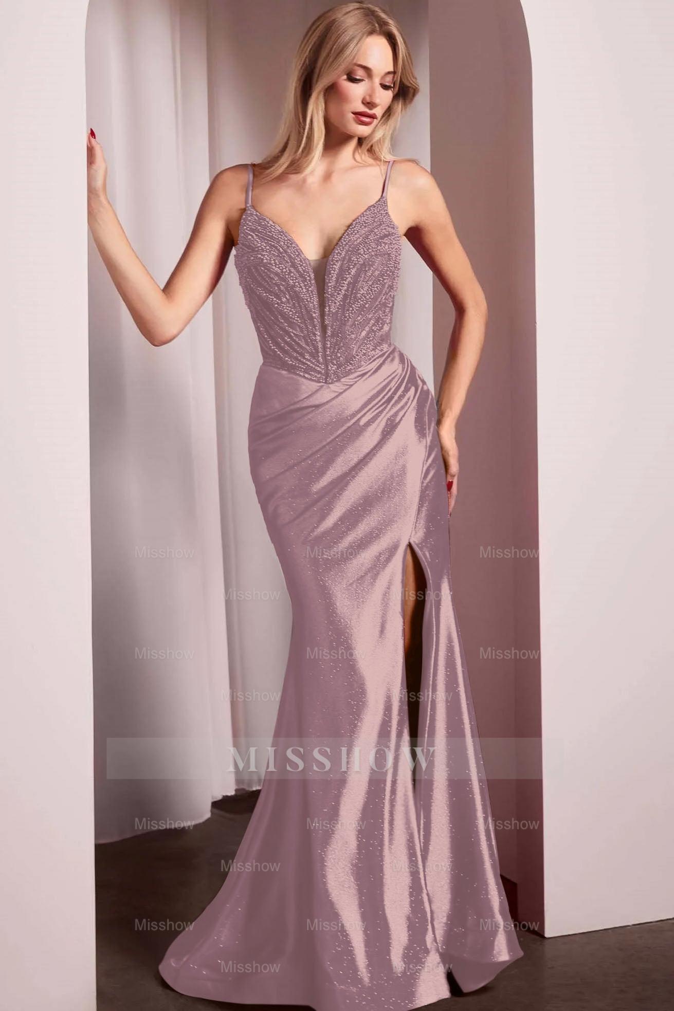 Spaghetti Strap Long Mermaid Formal Dress With Split Beading Pleated