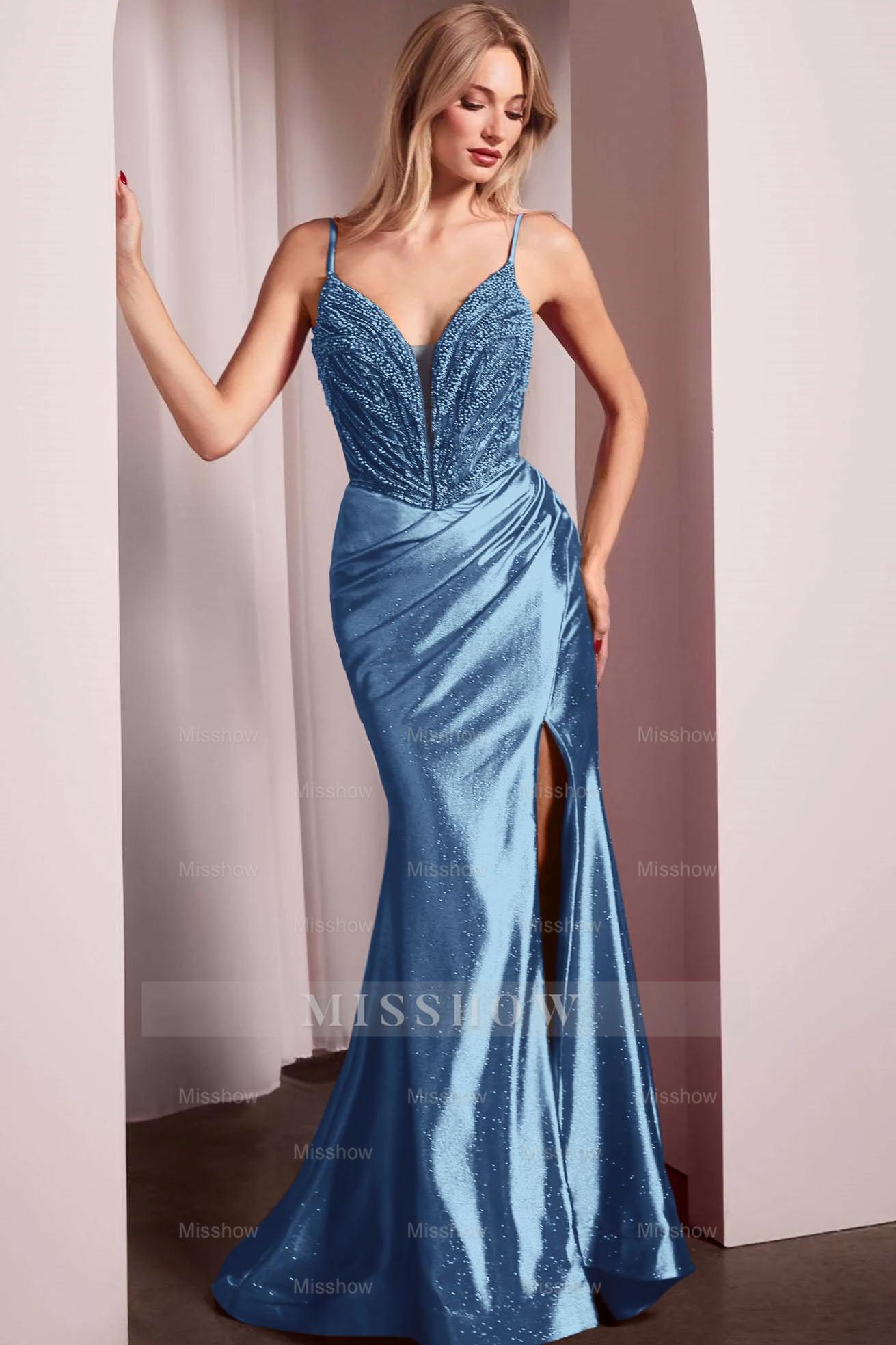 Spaghetti Strap Long Mermaid Formal Dress With Split Beading Pleated