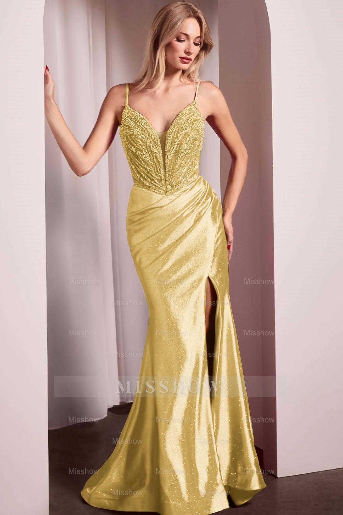 Spaghetti Strap Long Mermaid Formal Dress With Split Beading Pleated
