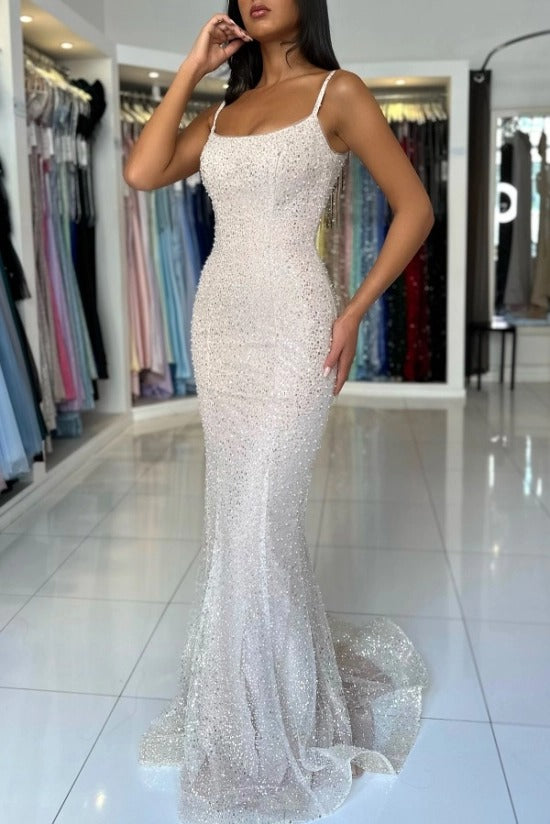 Spaghetti Strap Scoop Neck All-Over Dense Crystal Sequin Beaded Vine Mermaid Trumpet Evening Dress Sweep Train