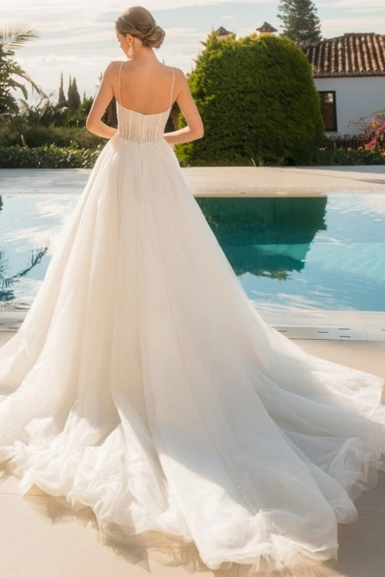 Spaghetti Strap Scoop Neck Dense Pearl Upper Corset Crystal Chain Fringe Drop Waist Feather Hem Tulle A-Line Wedding Dress Chapel Train