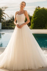 Spaghetti Strap Scoop Neck Dense Pearl Upper Corset Crystal Chain Fringe Drop Waist Feather Hem Tulle A-Line Wedding Dress Chapel Train