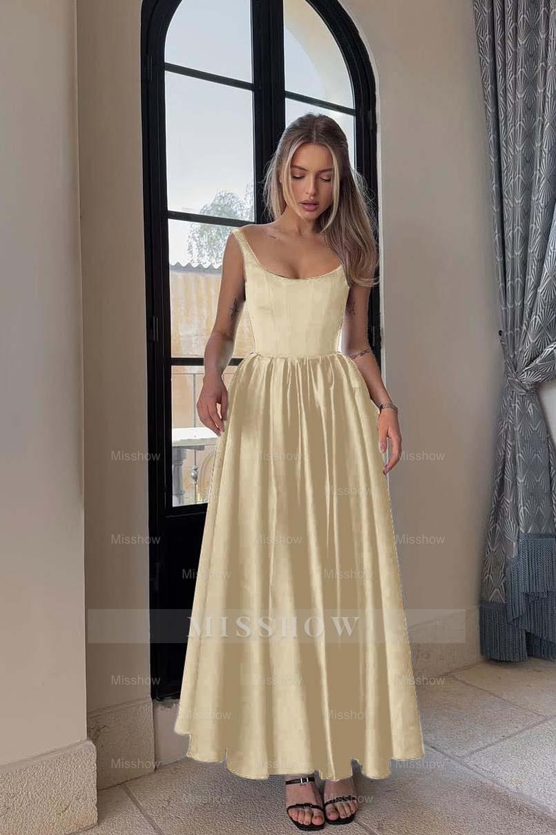 Spaghetti Strap Sleeveless A Line Long Formal Dress With Pleated