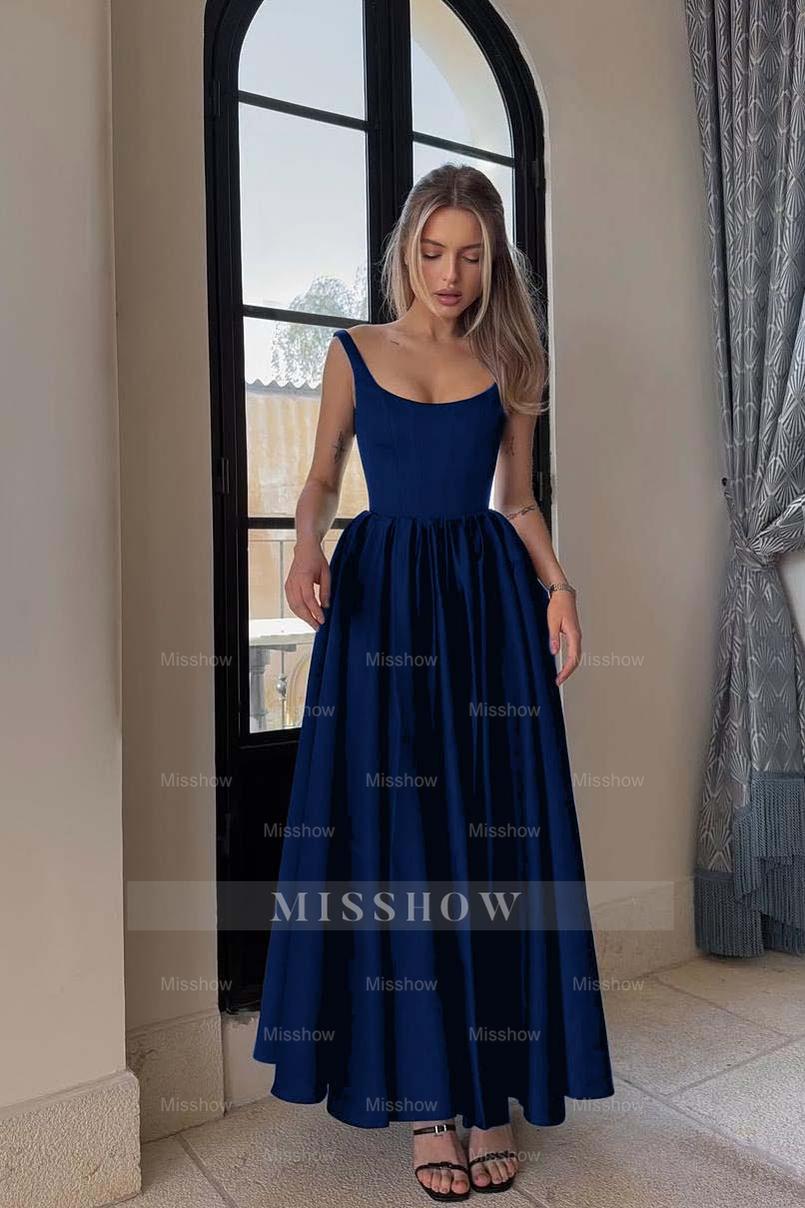 Spaghetti Strap Sleeveless A Line Long Formal Dress With Pleated