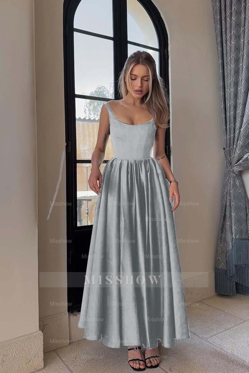 Spaghetti Strap Sleeveless A Line Long Formal Dress With Pleated