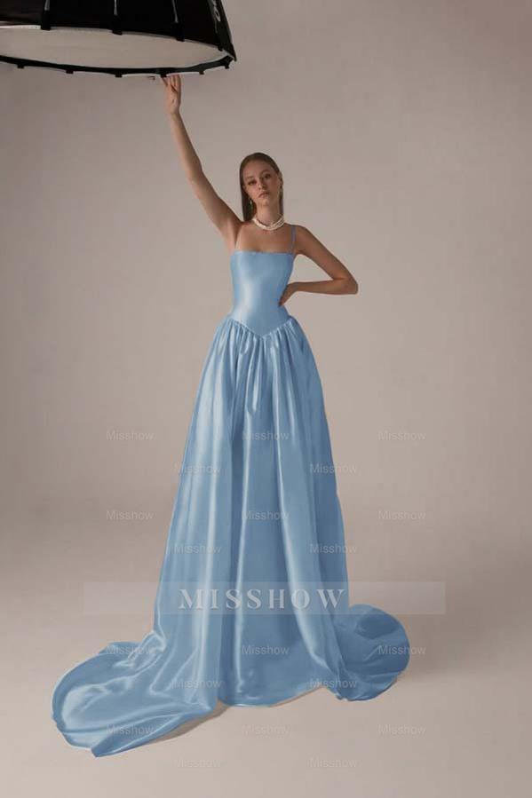 Spaghetti Strap Sleeveless A Line Long Formal Dress With Pleated