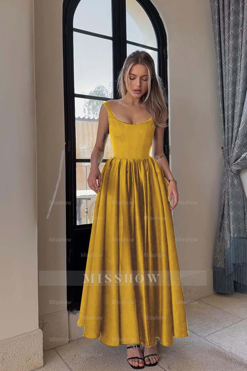 Spaghetti Strap Sleeveless A Line Long Formal Dress With Pleated