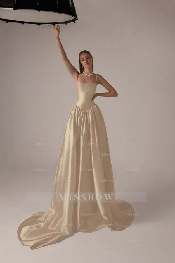 Spaghetti Strap Sleeveless A Line Long Formal Dress With Pleated