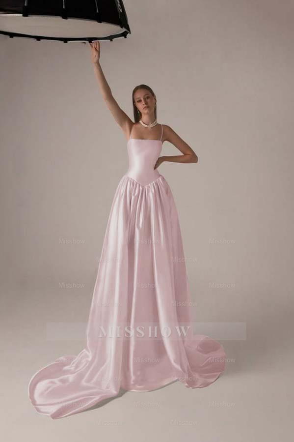 Spaghetti Strap Sleeveless A Line Long Formal Dress With Pleated