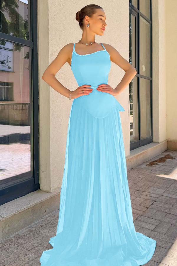 Spaghetti Strap Sleeveless Long Formal Dress With Pleated Sequins