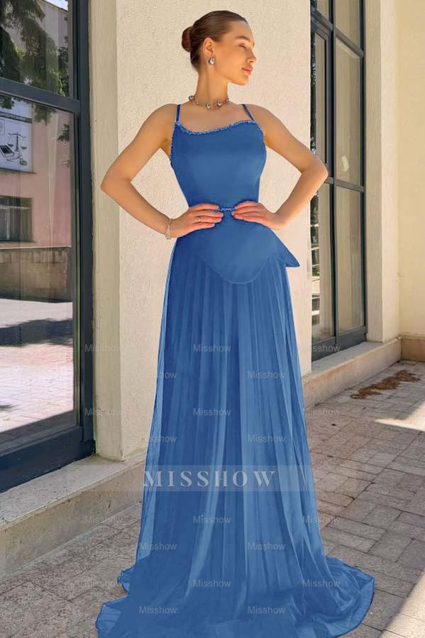 Spaghetti Strap Sleeveless Long Formal Dress With Pleated Sequins