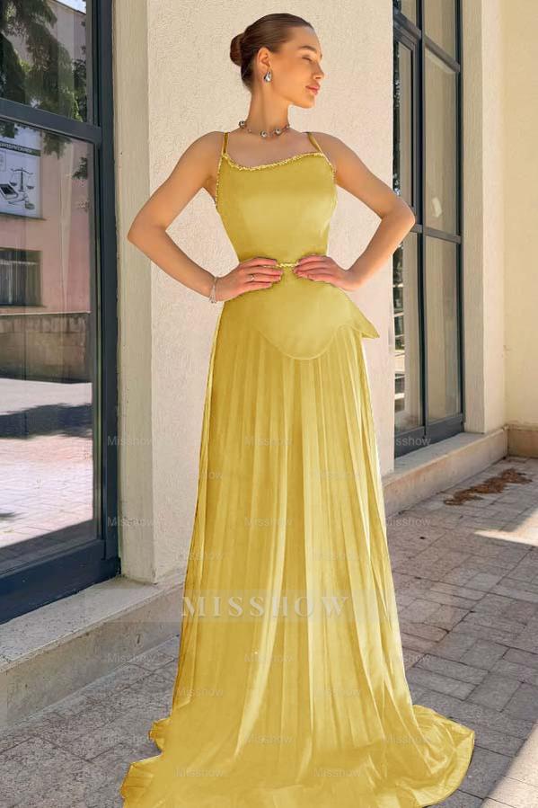 Spaghetti Strap Sleeveless Long Formal Dress With Pleated Sequins