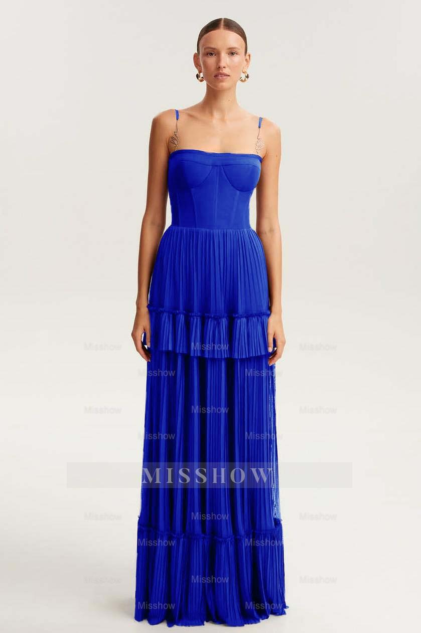 Spaghetti Strap Sleeveless Long Formal Dress With Ruffles